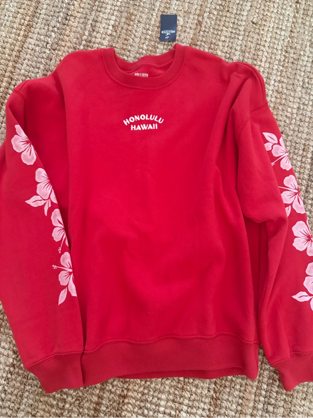 Hollister Red Crewneck Sweatshirt with White Floral Sleeve Prints